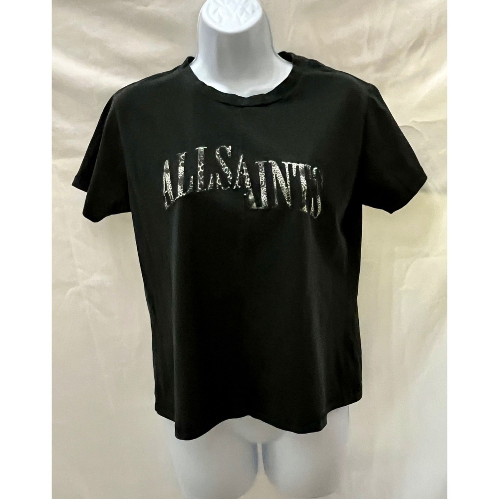 All‎ Saints Black T-Shirt Women's Small Graphic Print Cropped Tee Size Small